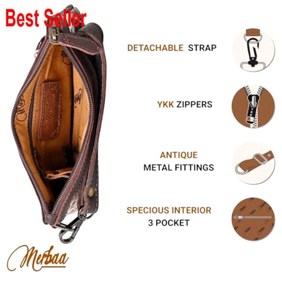 Hand Tooled Natural Cowhide Leather Clutch Bag with Zipper Pocket